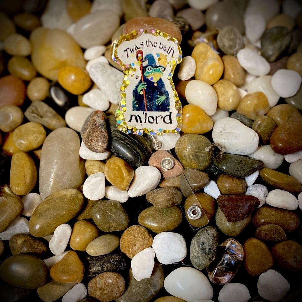 'Twas the Bath My Lord' Glitter Badge Reel in Multi-Color